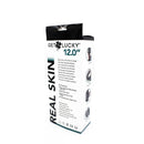 Get Lucky Real Skin 12 Inch Dual Layer Dildo Dark Brown packaging showcasing features and specifications.