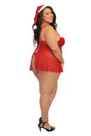Dreamgirl Santa Babydoll Thong and Hat 3X Lipstick Red model wearing a red babydoll and Santa hat from the side.
