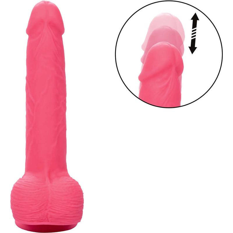 Rechargeable rambling & thrusting silicone stud 7" vibrating dildo with suction base displaying lifelike design and thrusting action.