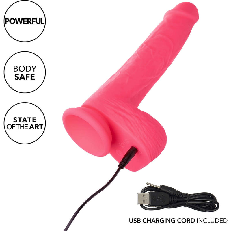 Rechargeable 7" thrusting and vibrating silicone dildo with suction base, USB charging cord included.