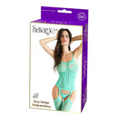 Sexy green stripe bodystocking lingerie showcased in stylish packaging, ideal for intimate wear and allure.