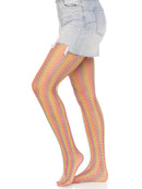 Leg Avenue Rainbow Crochet Net Tights One Size Multicolor worn with a denim skirt, showcasing a vibrant, colorful design.