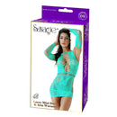 Lacy mini dress and arm warmer lingerie in green, featuring a model showcasing the outfit in a stylish box packaging.