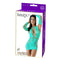Lacy mini dress and arm warmer lingerie in green, featuring a model showcasing the outfit in a stylish box packaging.