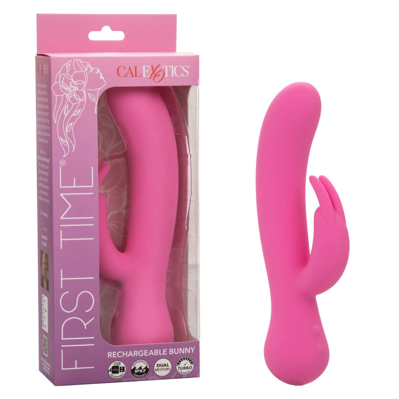 First Time Rechargeable Bunny dual stimulation waterproof vibrator with turbo boost in packaging and out of box.