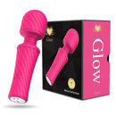 Glow Mini Power Wand in Pink with packaging, featuring 10-speed settings for intense pleasure and silky comfort.