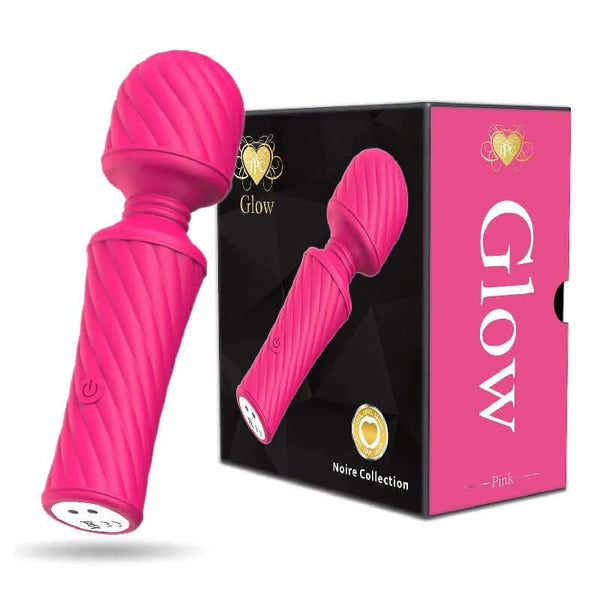 Glow Mini Power Wand in Pink with packaging, featuring 10-speed settings for intense pleasure and silky comfort.