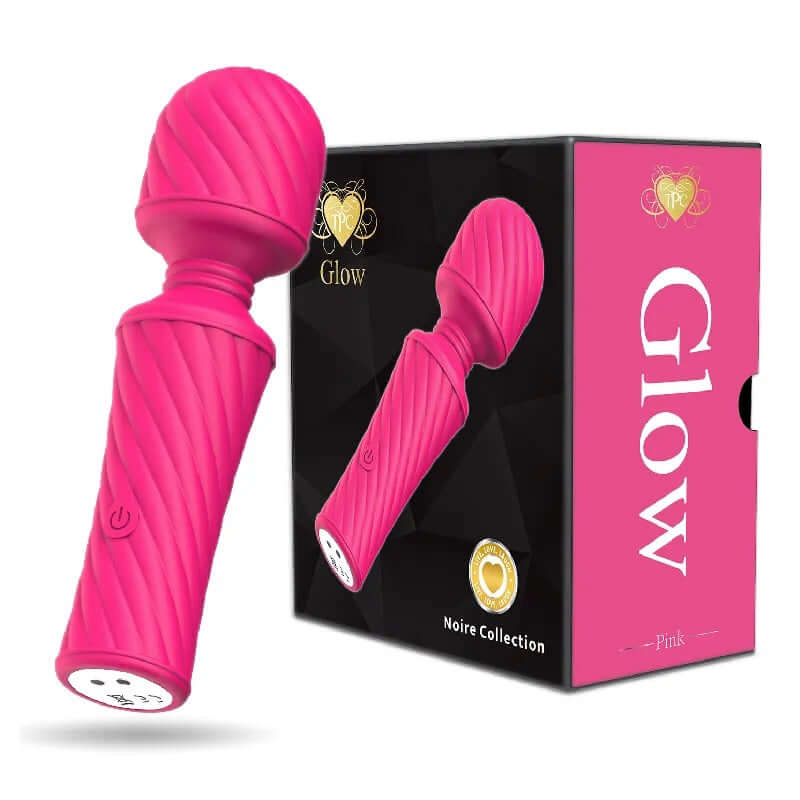 Glow Mini Power Wand in Pink with packaging, featuring 10-speed settings for intense pleasure and silky comfort.