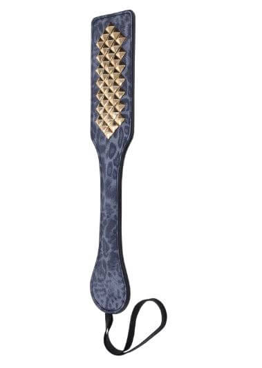 Blue leopard-print faux leather paddle with gold studs and wrist strap for stylish impact play.