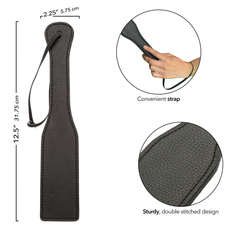 Nocturnal™ Collection Paddle dimensions and close-up, featuring sturdy double-stitched design and convenient strap for impact play.