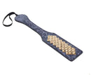 Blue leopard-print faux leather paddle with gold studs, featuring a sleek design for stylish impact play.
