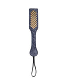 Stylish blue leopard-print faux leather paddle with gold studs for playful impact.