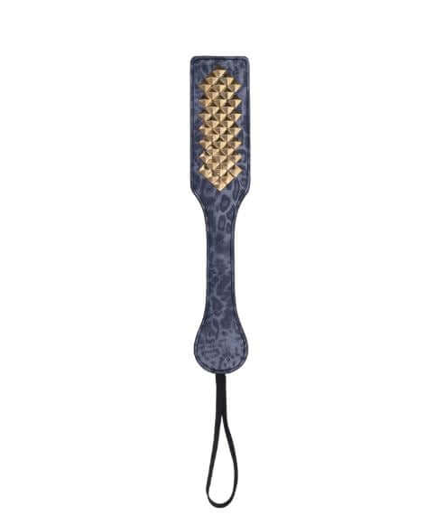Stylish blue leopard-print faux leather paddle with gold studs for playful impact.