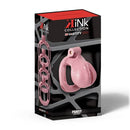 Kink Chastity Pansy Cock Cage Extra Small Pink packaging, featuring adjustable fittings and compact design.