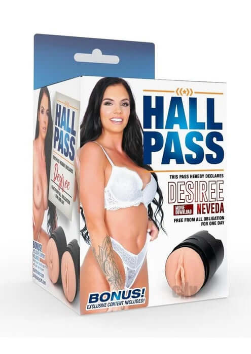 Hall Pass Desiree Nevada Stroker packaging featuring model in white lingerie and product image.