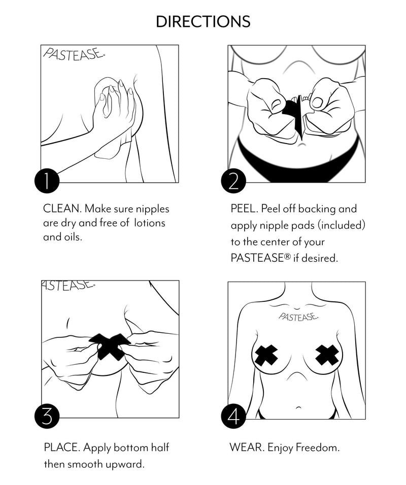 Instructions for applying Pastease nipple pasties, including cleaning, peeling, placing, and wearing steps for best results.