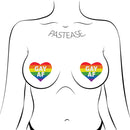 Love Rainbow "GAY AF" heart nipple pasties by Pastease with glitter velvet design on illustrated model.