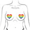 Love Rainbow "GAY AF" heart nipple pasties by Pastease with glitter velvet design on illustrated model.