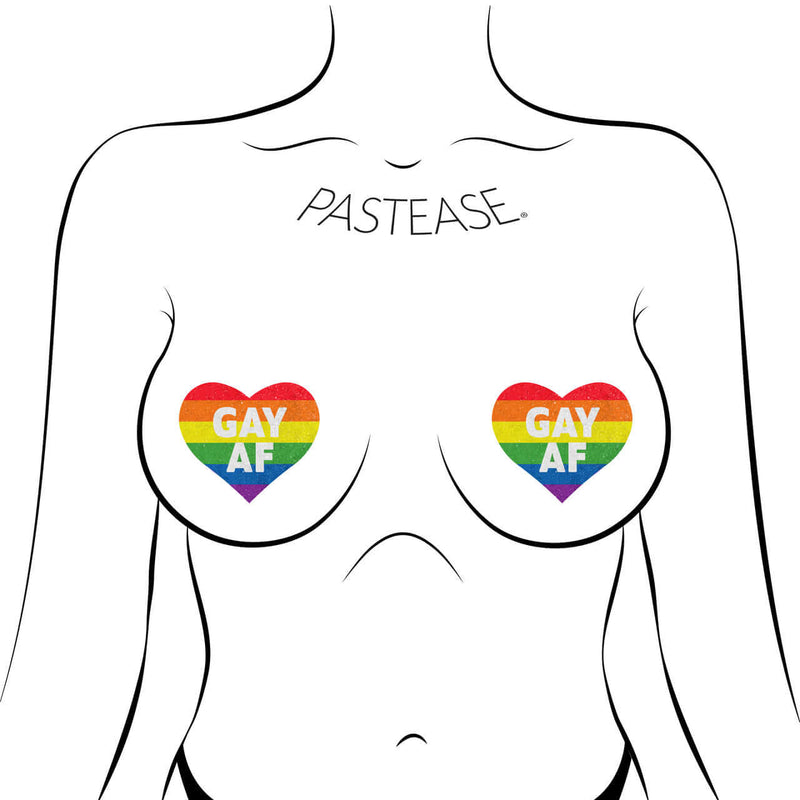 Love Rainbow "GAY AF" heart nipple pasties by Pastease with glitter velvet design on illustrated model.
