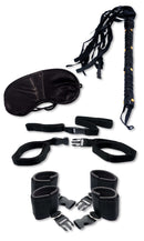 Fetish Fantasy Bedroom Bondage Kit including restraints, whip, blindfold for couples exploring bondage play.