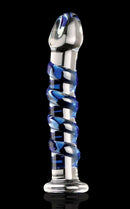Icicles No 5 Textured Glass Dildo 7.25 inch Clear Blue on a black background with artistic design and blue texture.