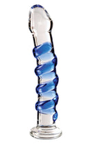 Icicles No 5 Textured Glass Dildo 7.25 inch Clear Blue displayed on a white background.