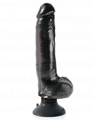 King Cock 9 inches vibrating dildo with balls, realistic design, black color, from Pipedream Products.
