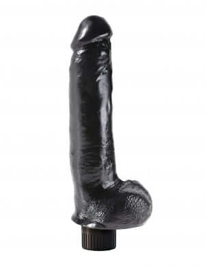King Cock 9-inch black vibrating dildo with realistic details and balls for enhanced pleasure.