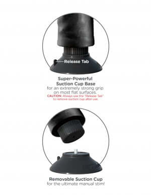 Close-up of super-powerful suction cup base with release tab, designed for strong grip and removable manual stimulation.