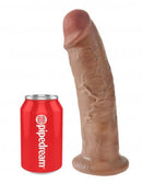 King Cock 10 inches Cock Tan Dildo next to a Pipedream soda can for size comparison.
