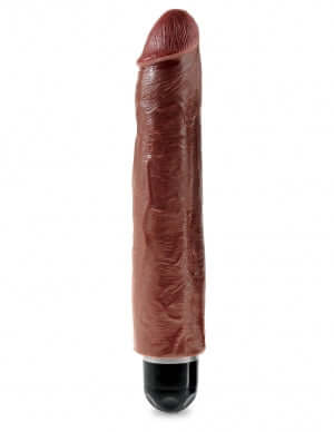 King Cock 10-inch Vibrating Stiffy dildo in chocolate color, featuring a realistic design and powerful vibrations.