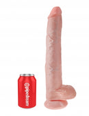 King Cock Dildo with Balls 14 inches Vanilla next to a soda can for size comparison.