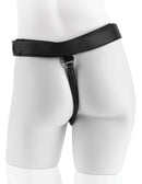 Stylish black strap on harness displayed on a mannequin for realistic pleasure experiences.