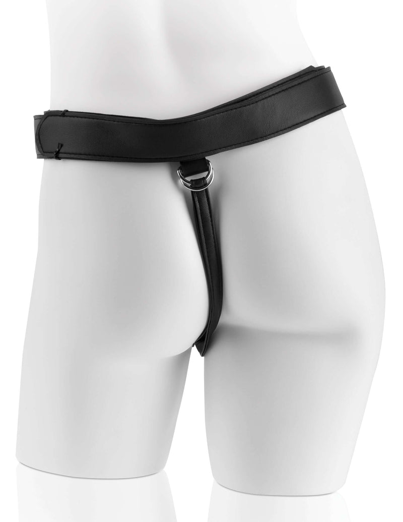 Stylish black strap on harness displayed on a mannequin for realistic pleasure experiences.