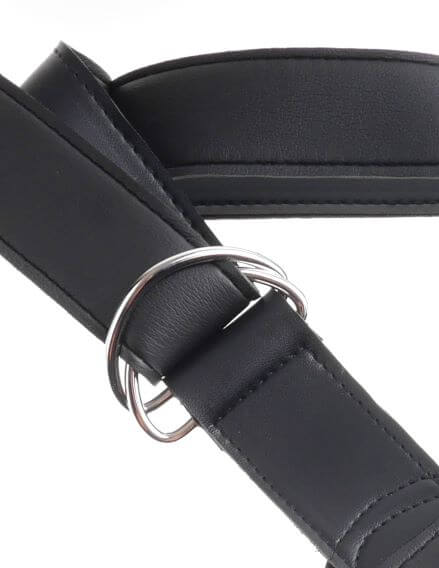 Close-up of black strap on harness featuring metal ring and adjustable straps for secure fit.