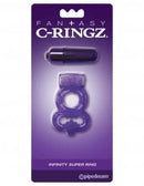 Fantasy C-Ringz Infinity Vibrating Super Ring Purple packaging featuring a purple dual-ring design and vibrating bullet.