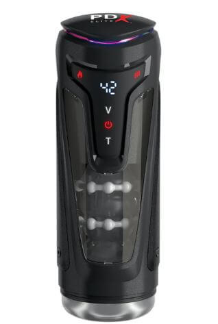 PDX Elite Moto Bator Pro Masturbator Black featuring a sleek design with control panel for enhanced pleasure.