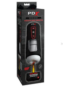 PDX ELITE Milk Me Hotter Intermittent Thrusting Stroker packaging showing advanced thrusting and vibrating features with body heat technology