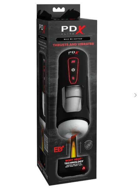 PDX ELITE Milk Me Hotter Intermittent Thrusting Stroker packaging showing advanced thrusting and vibrating features with body heat technology