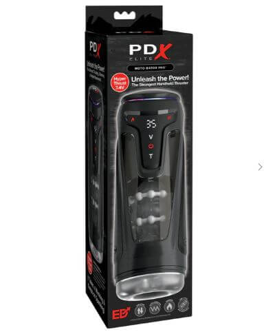 PDX Elite Moto Bator Pro Masturbator Black packaging featuring thrusting and warming functions for intense pleasure.