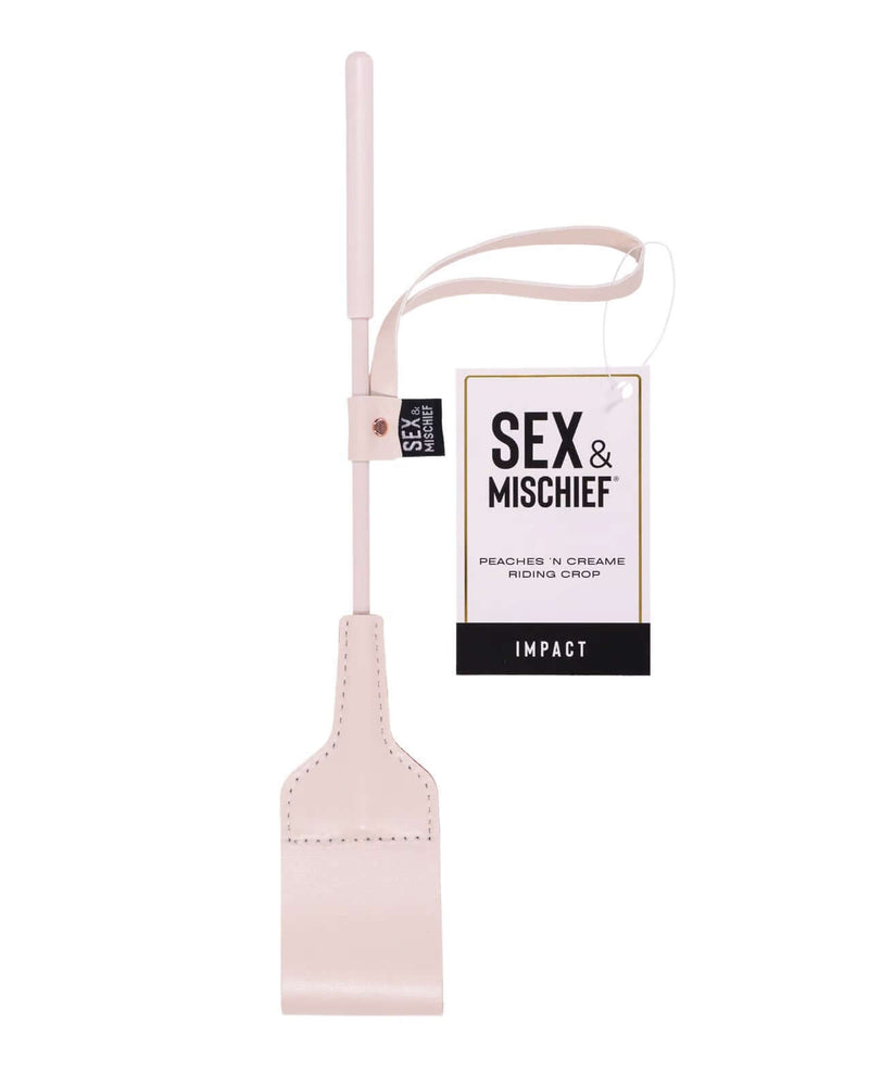 Peaches 'n CreaMe Riding Crop by Sex&Mischief in bright peach faux leather, 12 inches long with flexible shaft for pleasurable play.