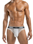 Male Power Peep Show Low Rise Thong White S M worn by a model showcasing the stylish design and comfortable fit.