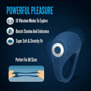 Performance Plus Dual Flex Pro Vibrating Cock Ring Blue features 10 vibration modes, boosts stamina, and offers a soft fit.