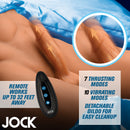 Jock Poseable Torso with Thrusting Dildo showcasing remote control features and thrusting modes.