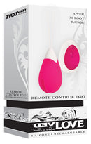Evolved Remote Control Vibrating Egg Pink in packaging with features highlighted for pleasure and remote control.