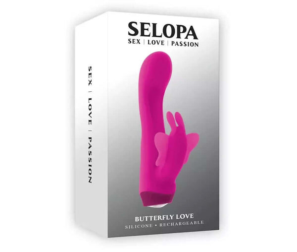 Selopa Butterfly Love vibrator with curved shaft on product packaging