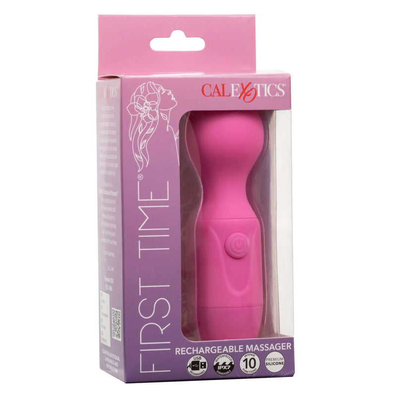 First Time Rechargeable Massager - 10 Functions, Flexible Neck, Waterproof, Pink, Packaging