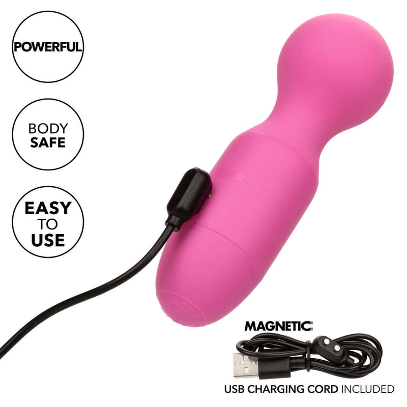 First Time® Rechargeable Massager with flexible neck, magnetic USB charging cord, and labels for powerful, body safe, and easy to use features.