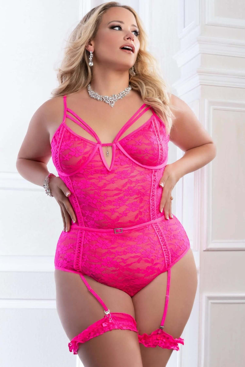 2PC SHEER LACE TEDDY W/ SNAP CROTCH GLOSSY PINK Q/S-0