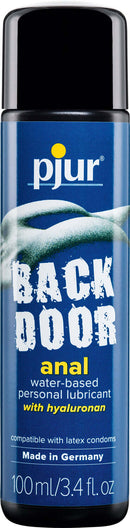 Pjur Backdoor Anal Water Based Lubricant 3.4 Oz bottle with blue and white design, made in Germany.